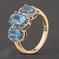 Pre-Owned 9ct Yellow Gold 2.50ct Blue Topaz & 0.05ct Diamond Triple Cluster Ring 41384325