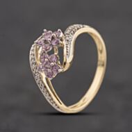 Pre-Owned 9ct Yellow Gold Pink Sapphire & 0.13ct Diamond Double Flower Cluster Ring 41384342