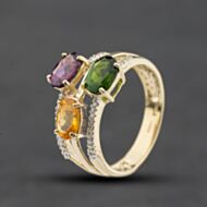 Pre-Owned 9ct Yellow Gold Multi Stone & Diamond Three Row Crossover Ring 41384418
