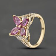 Pre-Owned 9ct Yellow Gold Pink Sapphire & 0.08ct Diamond Butterfly Cluster Ring 41384420