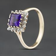 Pre-Owned 9ct Yellow Gold Amethyst & 0.24ct Diamond Square Cluster Ring 41384548