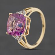 Pre-Owned 9ct Yellow Gold Pink Topaz & 0.05ct Diamond Cushion Dress Ring 41384581