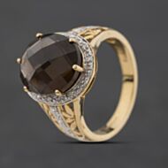 Pre-Owned 9ct Yellow Gold Smoky Quartz & Diamond Large Oval Dress Ring 41384604