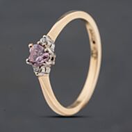 Pre-Owned 9ct Yellow Gold Heart Shaped Pink Glass & 0.02ct Brilliant Cut Diamond Three Stone Ring 41384827