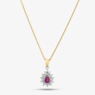 Pre-Owned 18ct Yellow Gold Ruby & Diamond Cluster Pendant & 18 Inch Trace Chain 4139945
