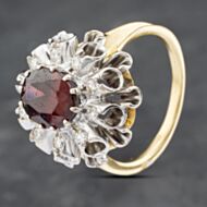 Pre-Owned Vintage 18ct Yellow Gold Garnet & Brilliant Cut Diamond Spray Design Cluster Ring 41481756