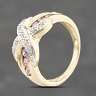 Pre-Owned 9ct Yellow Gold Pink Topaz & 0.05ct Diamond Crossover Ring 41482319