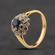 Pre-Owned Vintage Yellow Gold Sapphire & 0.10ct Diamond Double Flower Cluster Ring 41482716