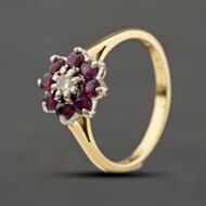 Pre-Owned 18ct Yellow Gold Ruby & 0.10ct Brilliant Cut Diamond Flower Cluster Ring 41482805