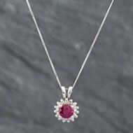 Pre-Owned 14ct White Gold Round Cut Ruby & Brilliant Cut Diamond Pendant & 18 Inch Curb Chain 43141091
