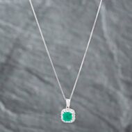 Pre-Owned Platinum 0.81ct Cushion Cut Emerald & 0.29ct Brilliant Cut Diamond Pendant & 16-18 Inch Box Chain 43141177
