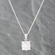 Pre-Owned Platinum 1.00ct Princess Cut Diamond Square Nine Stone Cluster Pendant & 16 Inch Curb Chain 43141194