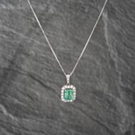 Pre-Owned Platinum 1.66ct Emerald & 0.47ct Brilliant Cut Diamond Cushion Shape Cluster Pendant & 16-18 Inch Box Chain 43141234