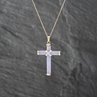 Pre-Owned 9ct Yellow Gold Lavender Jade & Diamond Set Cross Pendant & 16-18 Inch Trace Chain 43141276