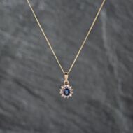 Pre-Owned 9ct Yellow Gold Sapphire & Diamond Oval Cluster Pendant & 18 Inch Curb Chain 43141314