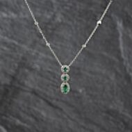 Pre-Owned 9ct White Gold Emerald & Brilliant Cut Diamond Graduated Triple Cluster Gemstone Pendant & 16 Inch Trace Chain 43141360