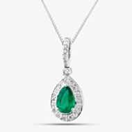 Pre-Owned 14ct White Gold 1.18ct Pear Cut Emerald & 0.41ct Brilliant Cut Diamonds Tear Drop Pendant 4314541