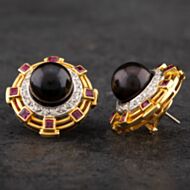 Pre-Owned 14ct Yellow Gold 1.50ct Ruby & 0.75ct Diamond & Black South Sea Pearl Large Stud Earrings 4317073