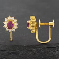 Pre-Owned 18ct Yellow Gold Certificated 0.43ct Ruby & 0.28ct Brilliant Cut Diamond Oval Cluster Screw Fitting 8mm Stud Earrings 43171187