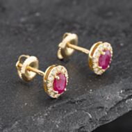 Pre-Owned 14ct Yellow Gold 0.60ct Ruby & 0.25ct Diamond Oval Cluster 7mm Stud Earrings 43171231