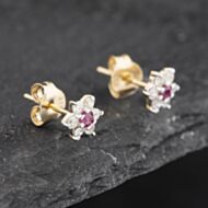 Pre-Owned 9ct Yellow Gold Ruby & 0.24ct Diamond Flower Cluster Stud Earrings 43171251