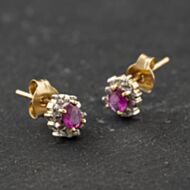 Pre-Owned 9ct Yellow Gold 0.96ct Ruby & 0.09ct Diamond Oval Stud Earrings 43171477