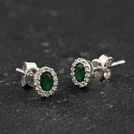 Pre-Owned 9ct White Gold 0.30ct Emerald & 0.09ct Brilliant Cut Diamond Oval 6mm Stud Earrings 43171505