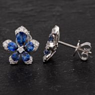 Pre-Owned 14ct White Gold 2.14ct Sapphire & 0.30ct Diamond Flower Stud Earrings 4317287