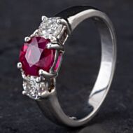 Pre-Owned 18ct White Gold 1.33ct Ruby & 0.58ct Brilliant Cut Diamond Claw Set Three Stone Ring 4335007