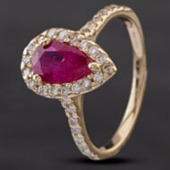 Pre-Owned 14ct Yellow Gold 1.10ct Pear Shaped Ruby and 0.40ct Diamond Halo Ring 
