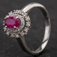Pre-Owned 14ct White Gold 0.68ct Ruby & Two Tier 0.25ct Diamond Cluster Ring 4335109