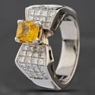 Pre-Owned 14ct White Gold 1.07ct Yellow Sapphire & Princess Cut Diamond Bow Cluster Ring 43361067