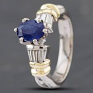 Pre-Owned 9ct Two Colour Gold Glass Fill Treatment Sapphire & Baguette Cut Diamond Set Shoulders Dress Ring 43361076