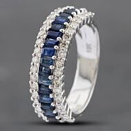 Pre-Owned 18ct White Gold Emerald Cut Sapphire & Brilliant Cut Diamond Three Row Ring 43361084