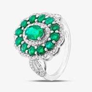 Pre-Owned 14ct White Gold Certificated 2.00ct Emerald & 0.55ct Brilliant Cut Diamond Oval Cluster Ring 43371026