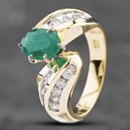 Pre-Owned 14ct Yellow Gold Oval Cut Emerald & 0.55ct Brilliant Cut Diamond Twist Dress Ring 43371042