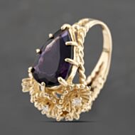 Pre-Owned 9ct Yellow Gold Amethyst & Brilliant Cut Diamond Pear & Flower Cluster Ring 43421000