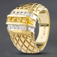 Pre-Owned 14ct Yellow Gold Yellow Sapphire & 0.30ct Brilliant Cut Diamond Three Row Dress Ring 434315616