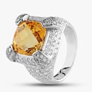 Pre-Owned 18ct White Gold 6.00ct Citrine & 1.79ct Brilliant Cut Diamond Cushion Shape Cluster Ring 434315639