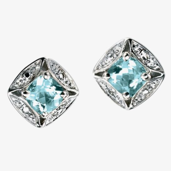 9ct Gold Diamond Aquamarine Square Studs GK-GE732T