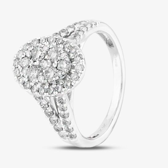 9ct White Gold Split Shouldered Oval Diamond Cluster Ring