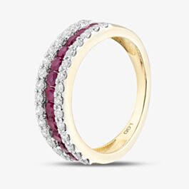 9ct Yellow Gold Lab Grown Ruby & Lab Grown Diamond Three Row Ring