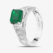 18ct White Gold 1.161ct Emerald Cut Sandawana Emerald & 1.19ct Brilliant Cut Diamond Shoulder Set Solitaire Ring BDL25