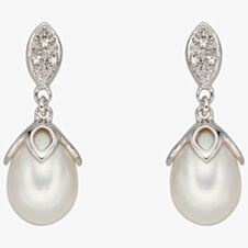 9ct White Gold Diamond And Fresh Water Pearl Dropper Earrings GE2223W