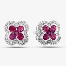 9ct White Gold Ruby and Diamond Quatrefoil Cluster Stud Earrings PE04942 RU