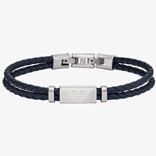 Emporio Armani Essentials Stainless-Steel and Blue Leather Two Row Logo ID Bracelet EGS2995040