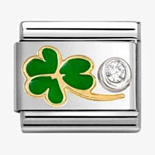 Nomination CLASSIC Stainless Steel 18ct Yellow Gold Cubic Zirconia Green Clover Charm 630302/12