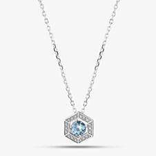 Silver Rhodium Plated Blue Cubic Zirconia Hexagon Halo Pendant Necklace 8.19.2024