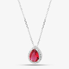 Sterling Silver Red Cubic Zirconia Teardrop Halo Necklace 8.19.3384