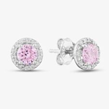 Silver Round Pink Cubic Zirconia Halo Stud Earrings E4442 PINK